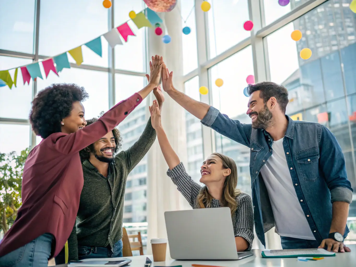 A photograph of a successful team celebrating a project milestone in a modern office setting, symbolizing the positive outcomes of effective team building.
