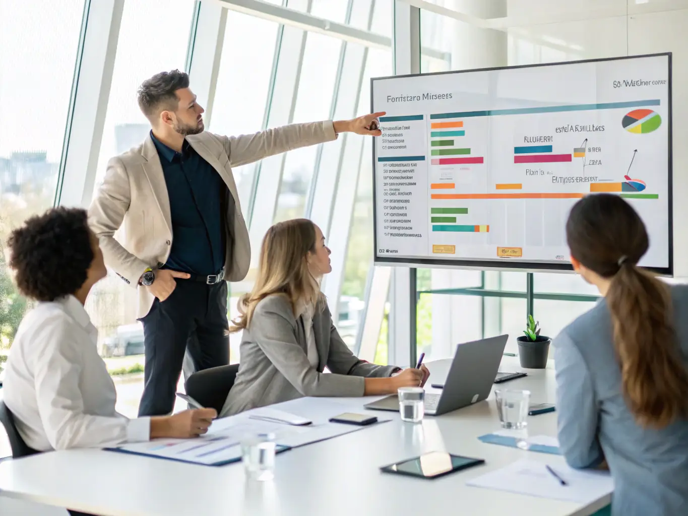 A project manager leading a team discussion in a modern office, with visual aids displaying project timelines and goals, highlighting the importance of effective project management and team alignment.