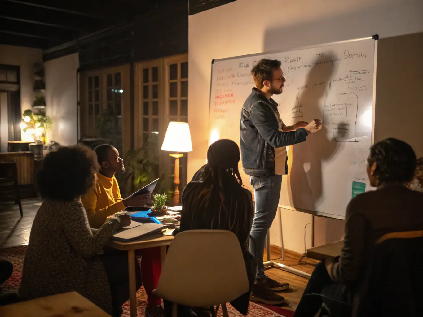 A facilitator leading a workshop with participants engaging in interactive activities on teamwork, representing collaboration skills workshops.