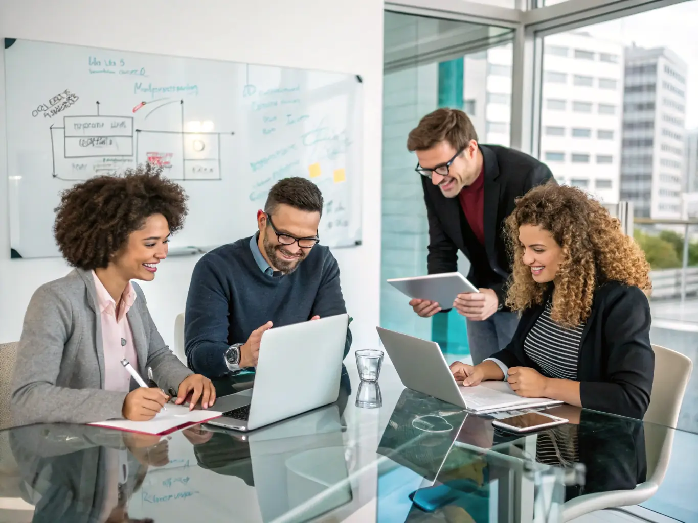 A diverse team of UK professionals brainstorming ideas in a modern office setting, symbolizing the challenges and opportunities of the UK workplace.