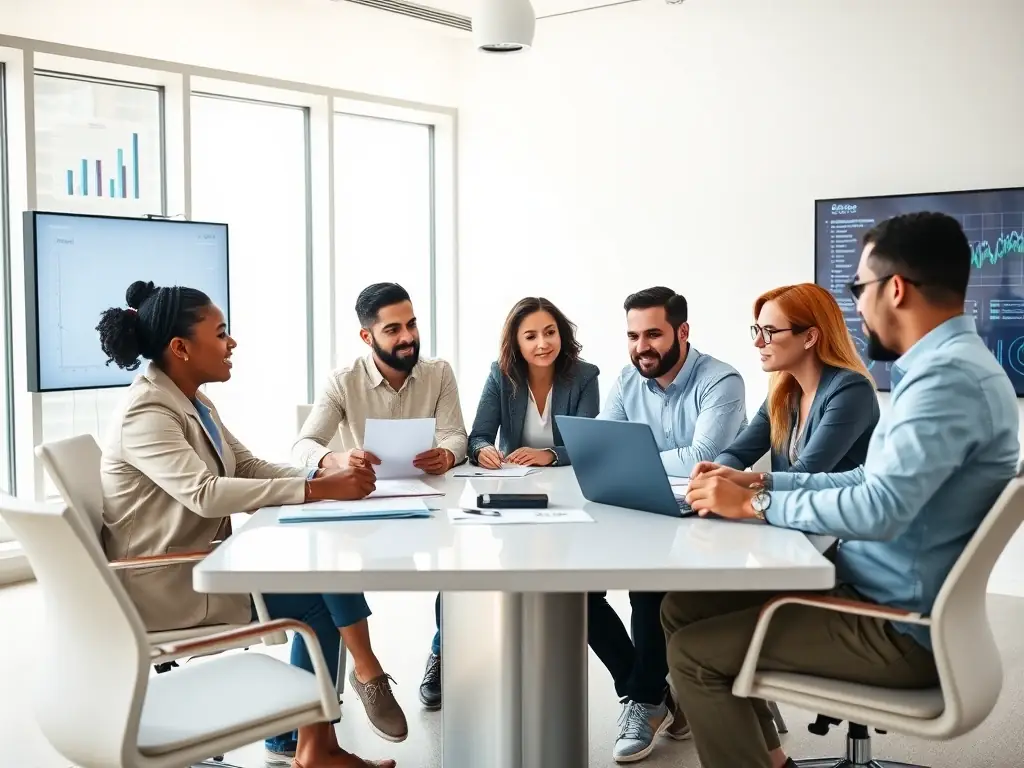 An image of a diverse group of professionals engaged in a lively team discussion around a conference table, representing team dynamics coaching.