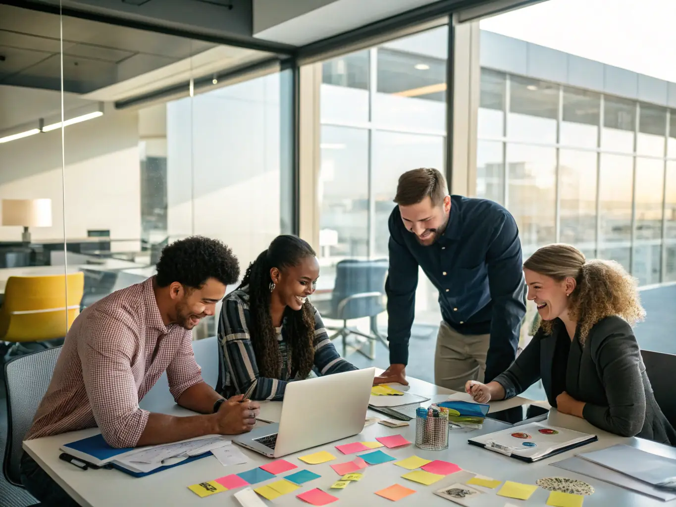 A diverse team of professionals in a modern office setting, actively participating in a team-building exercise, with a focus on collaboration and problem-solving, reflecting the dynamic nature of team dynamics coaching.