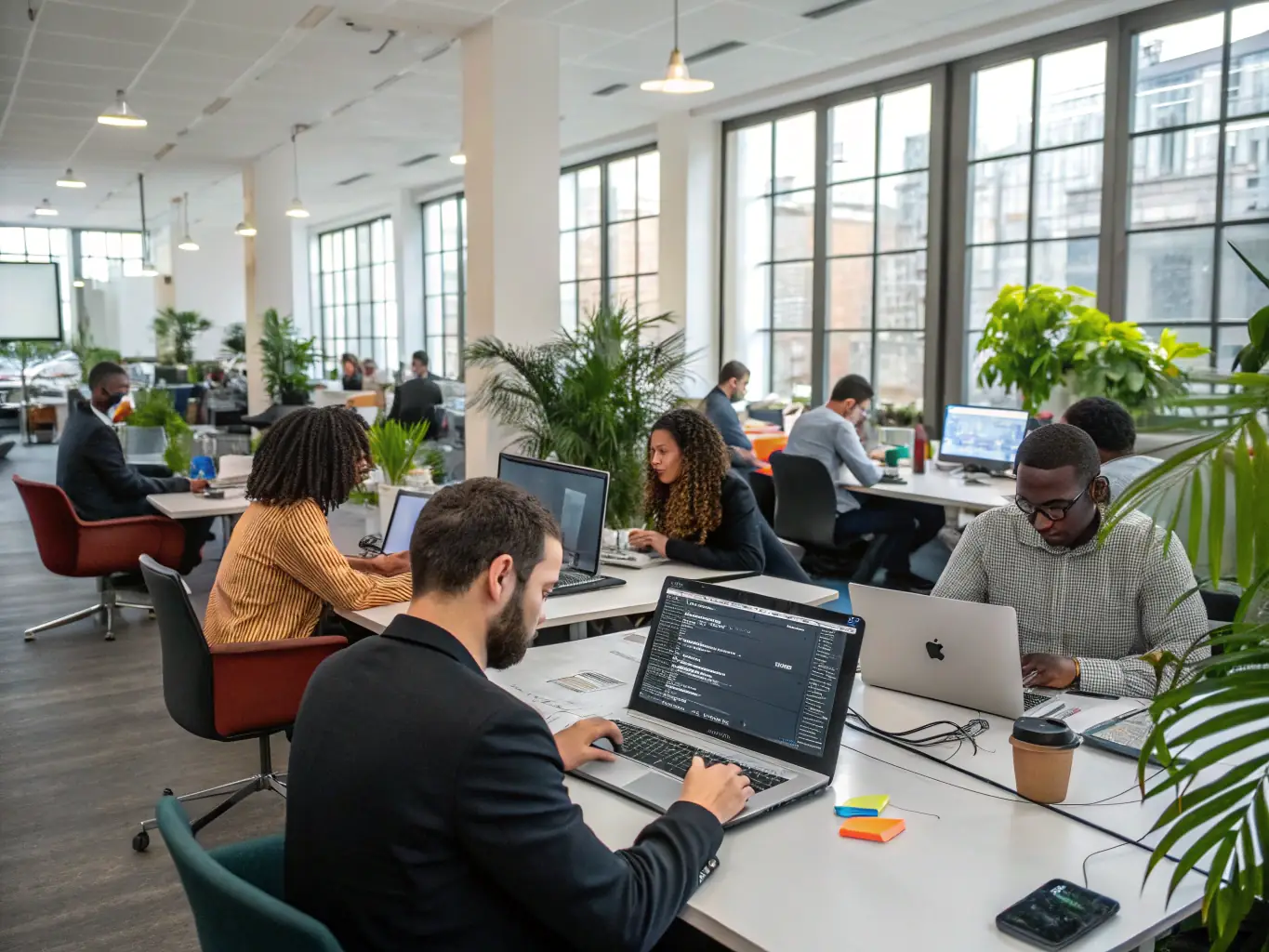 An image of a UK office environment with employees working remotely and in-office, highlighting the challenges of hybrid work models.